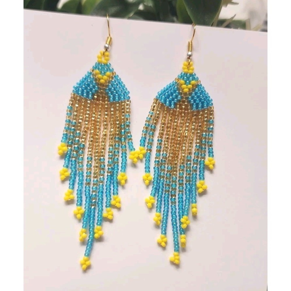 Seeds Beaded Earrings Crescent Fringe Tassel Bohemian Dangle Drop Handmade